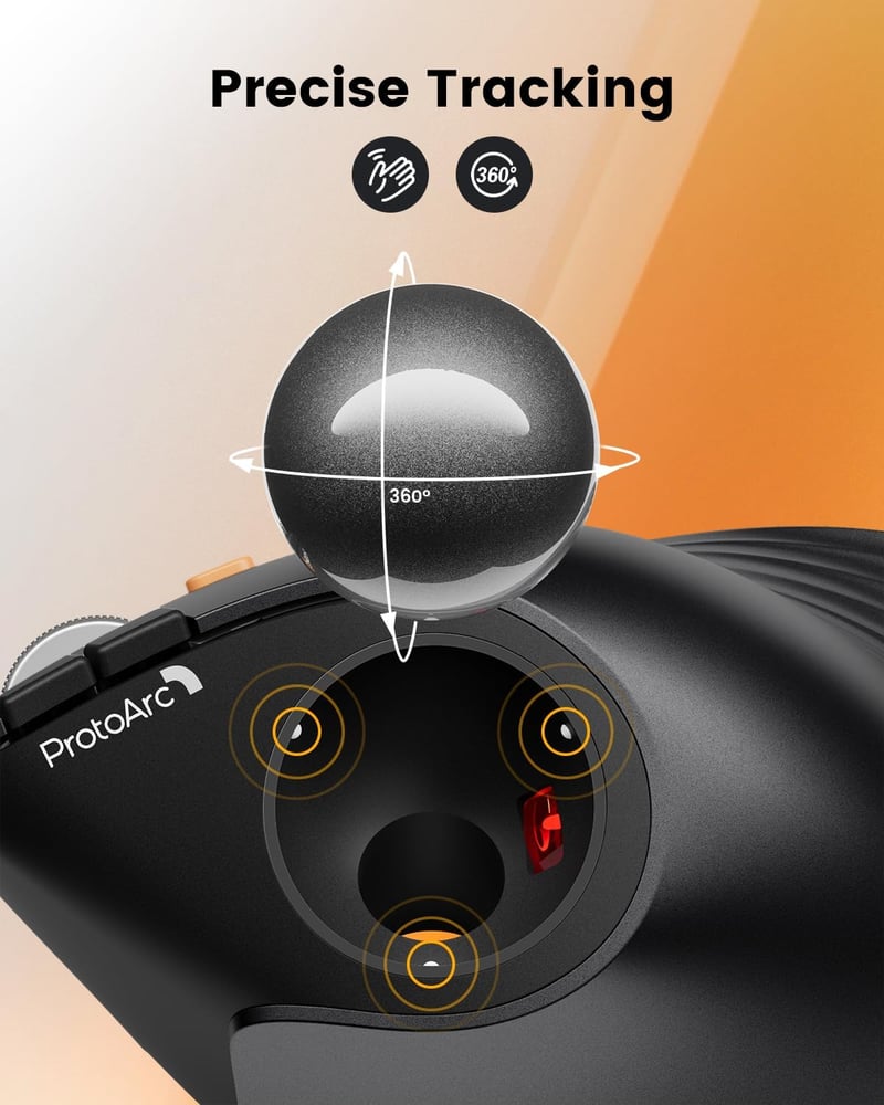 ProtoArc EM05 NL Vertikális Trackball Egér - Vezeték Nélküli Bluetooth Görgős Egér Ujjvezérléssel, Újratölthető, 3 Eszközös Csatlakozás, iPa