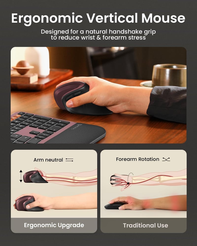 ProtoArc EM11 NL ergonomikus függőleges egér, vezeték nélküli, 3 eszközhöz, fekete-piros - red