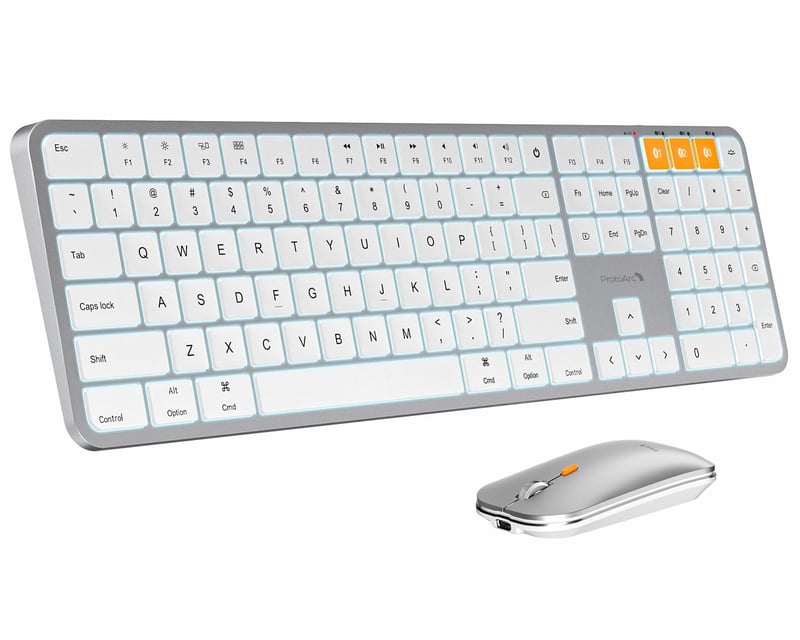 Set tastatură și mouse wireless Bluetooth ProtoArc KM100-A pentru Mac, full-size, reîncărcabil, pentru mai multe dispozitive, compatibil cu MacBook Pro/Air, iPhone