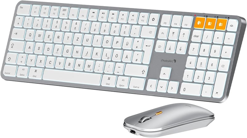 ProtoArc KM100-A Wireless Billentyűzet és Egér Szett Mac-hez, Bluetooth QWERTZ, Világító Billentyűk, MacBook Pro/Air, iPhone, iPad, Fehér