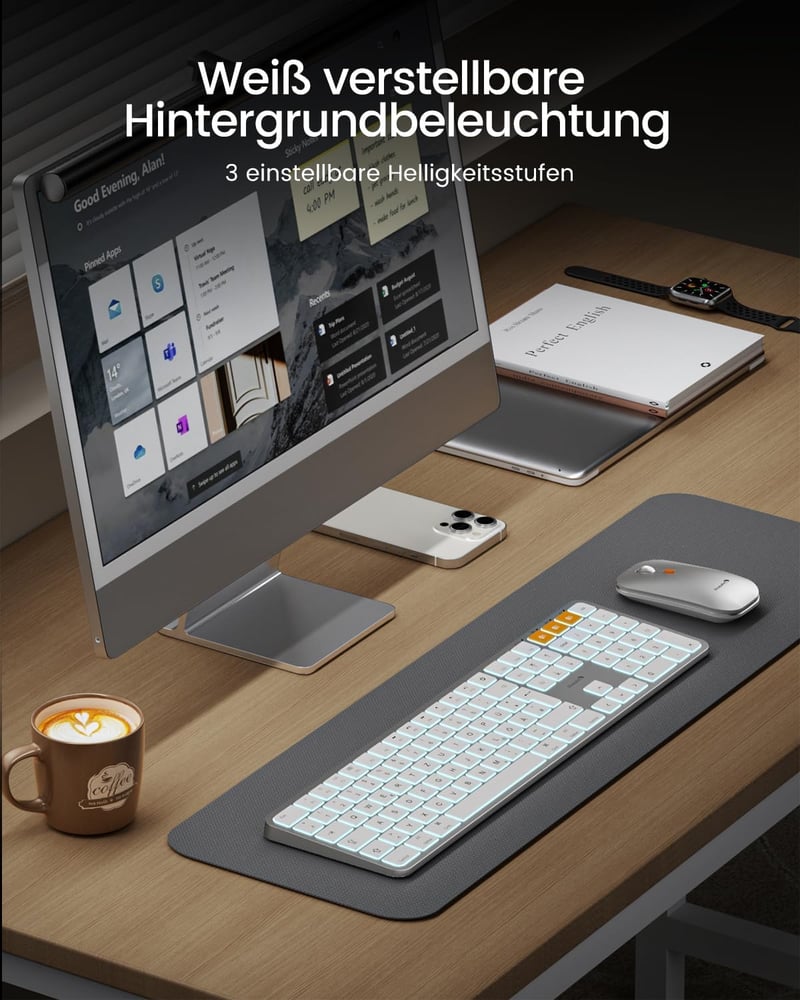 ProtoArc KM100-A Wireless Billentyűzet és Egér Szett Mac-hez, Bluetooth QWERTZ, Világító Billentyűk, MacBook Pro/Air, iPhone, iPad, Fehér