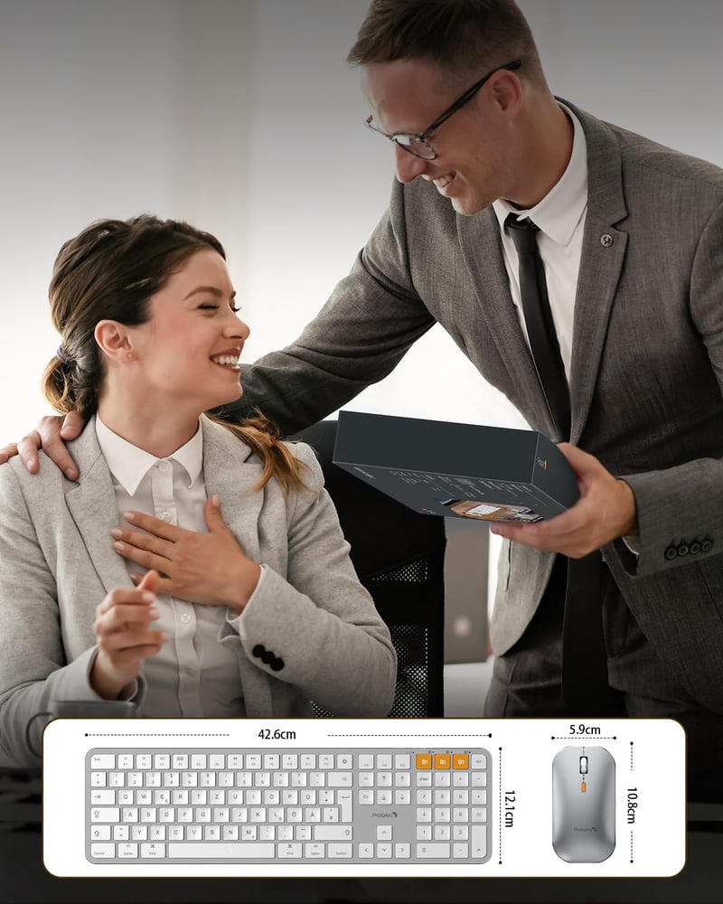 ProtoArc KM100-A Wireless Billentyűzet és Egér Szett Mac-hez, Bluetooth QWERTZ, Világító Billentyűk, MacBook Pro/Air, iPhone, iPad, Fehér
