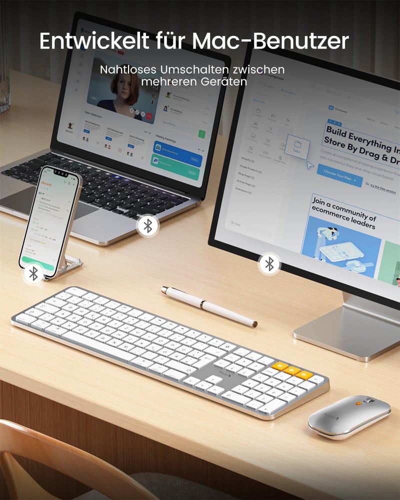 ProtoArc KM100-A Wireless Billentyűzet és Egér Szett Mac-hez, Bluetooth QWERTZ, Világító Billentyűk, MacBook Pro/Air, iPhone, iPad, Fehér