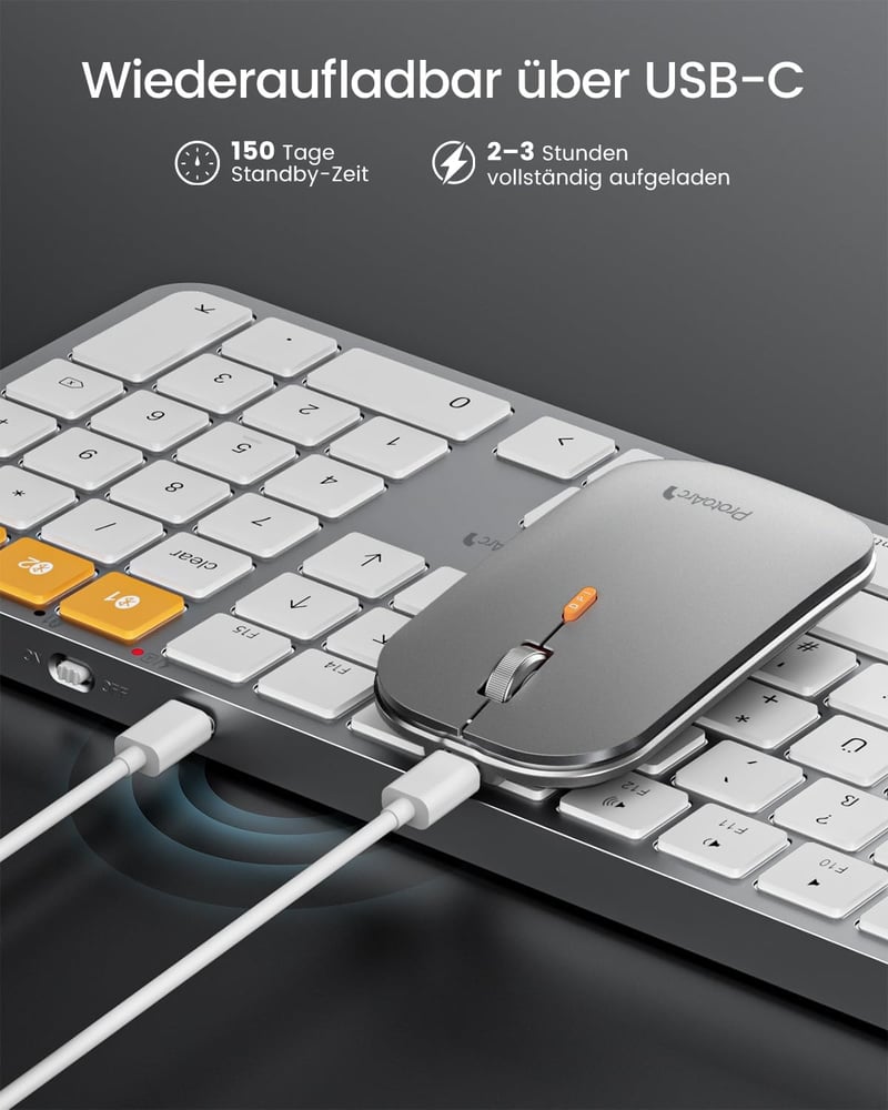 ProtoArc KM100-A Wireless Billentyűzet és Egér Szett Mac-hez, Bluetooth QWERTZ, Világító Billentyűk, MacBook Pro/Air, iPhone, iPad, Fehér