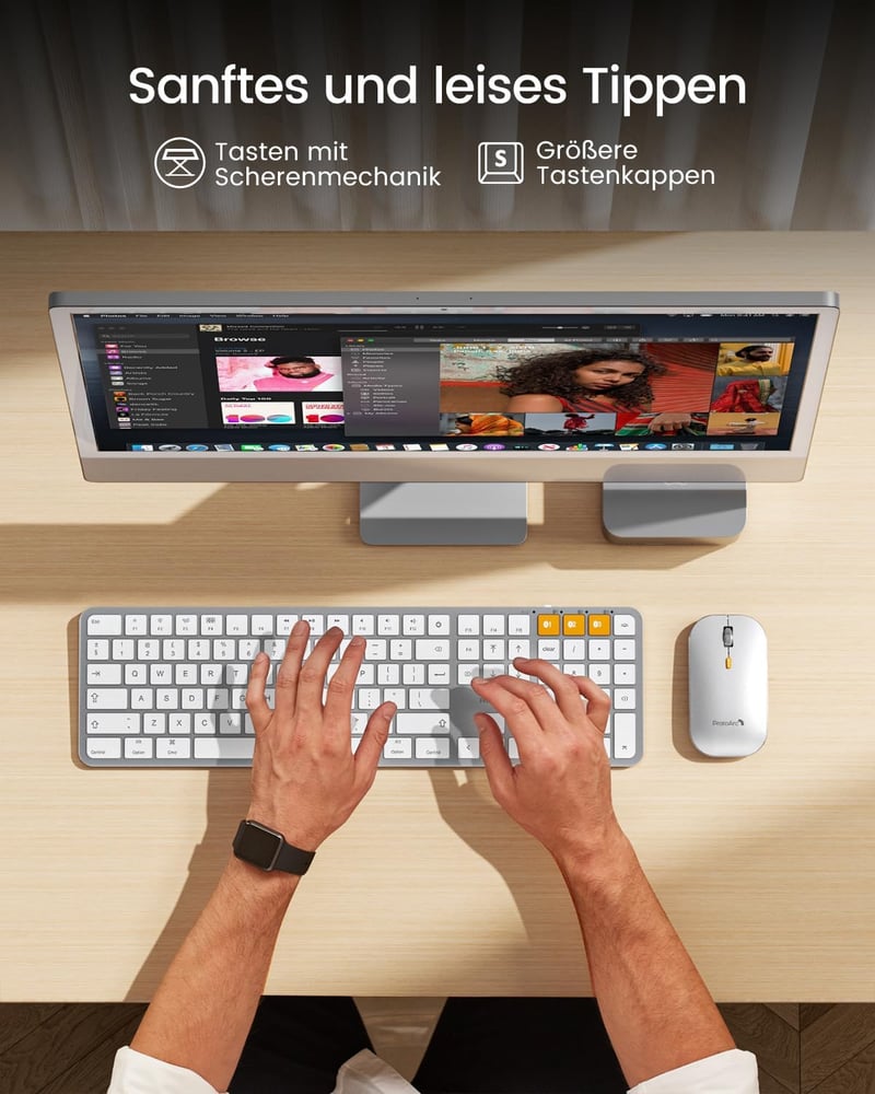 ProtoArc KM100-A Wireless Billentyűzet és Egér Szett Mac-hez, Bluetooth QWERTZ, Világító Billentyűk, MacBook Pro/Air, iPhone, iPad, Fehér