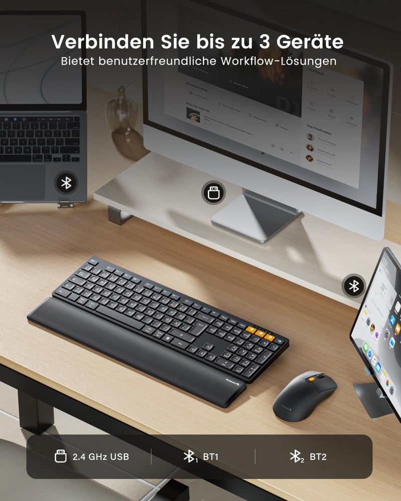 ProtoArc KM60 Wireless Bluetooth Billentyűzet és Egér Szett, Csuklótámasz, Újratölthető, PC/Mac - black