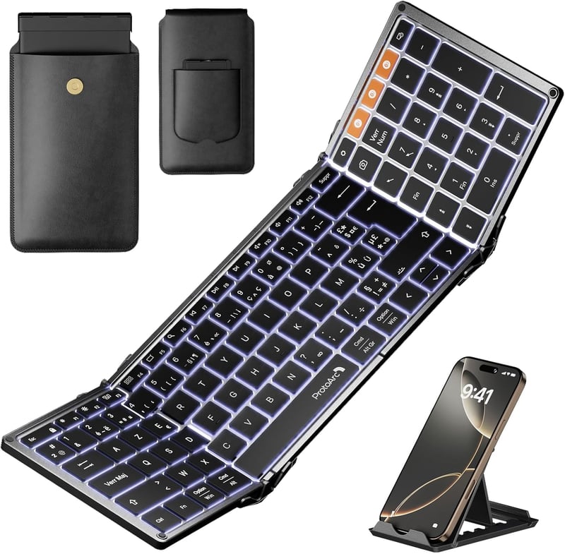 ProtoArc XK01 Plus Összecsukható Bluetooth Billentyűzet - Háttérvilágítás, Numerikus Blokk, Újratölthető, Hordozható, AZERTY Kiosztás, iOS/A