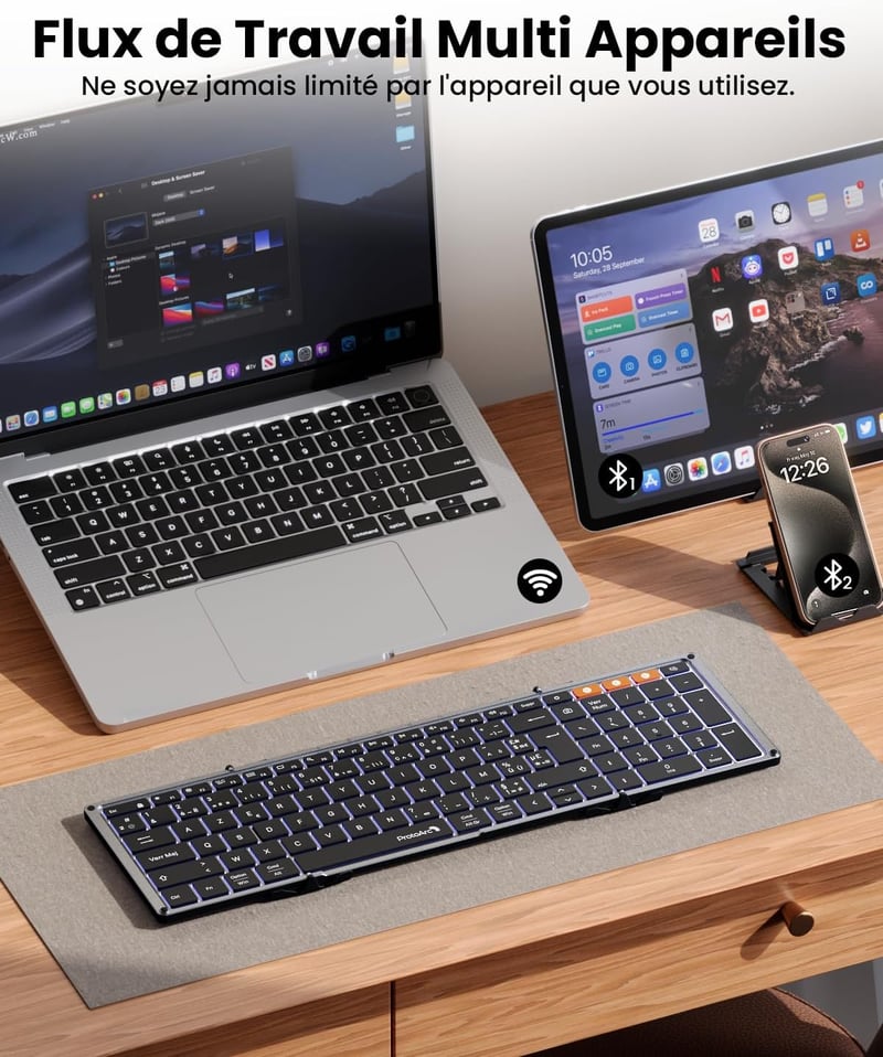 ProtoArc XK01 Plus Összecsukható Bluetooth Billentyűzet - Háttérvilágítás, Numerikus Blokk, Újratölthető, Hordozható, AZERTY Kiosztás, iOS/A