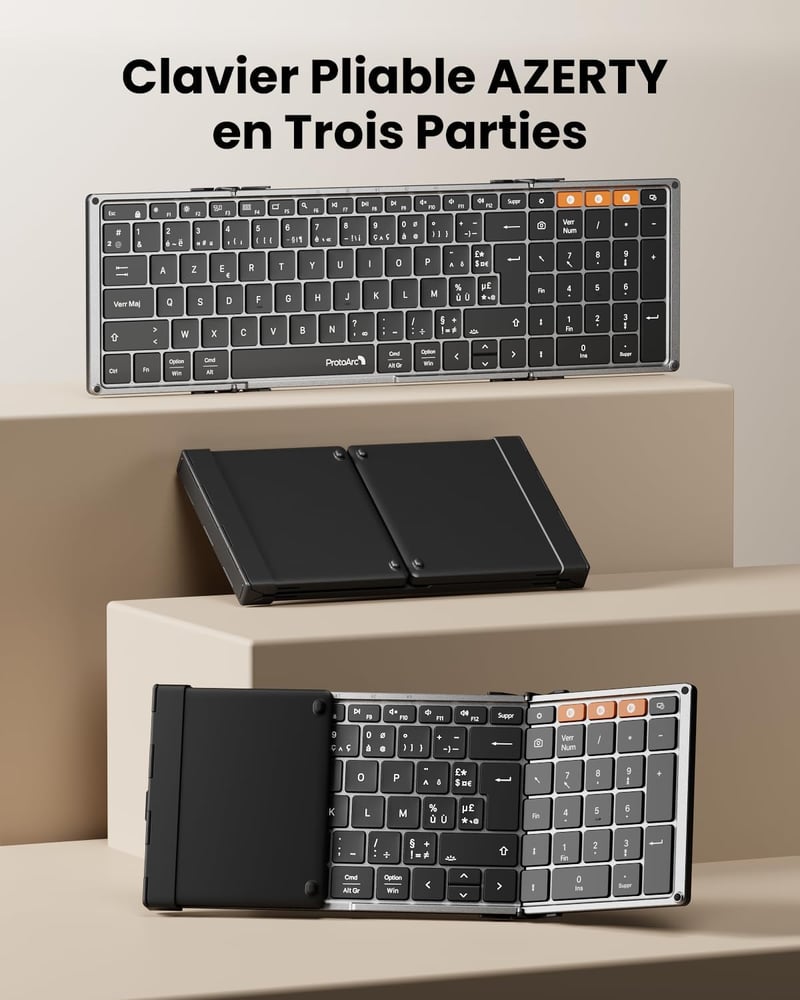 ProtoArc XK01 Plus Összecsukható Bluetooth Billentyűzet - Háttérvilágítás, Numerikus Blokk, Újratölthető, Hordozható, AZERTY Kiosztás, iOS/A