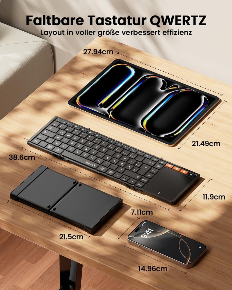 ProtoArc XK01 TP Összehajtható Bluetooth Billentyűzet Érintőpaddal - QWERTZ Német Kiosztás, iPad/iOS/Android/Windows Kompatibilis, Fekete