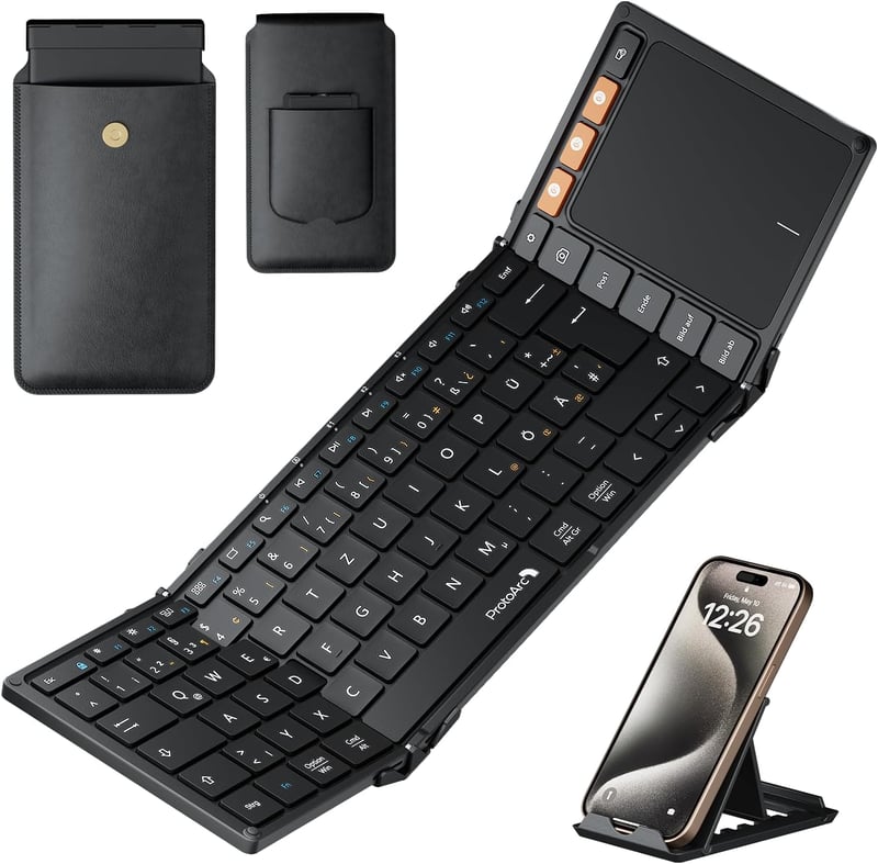 ProtoArc XK01 TP Összehajtható Bluetooth Billentyűzet Érintőpaddal - QWERTZ Német Kiosztás, iPad/iOS/Android/Windows Kompatibilis, Fekete
