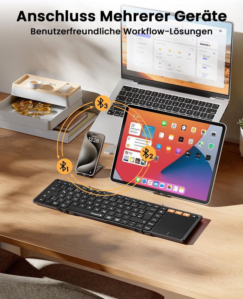 ProtoArc XK01 TP Összehajtható Bluetooth Billentyűzet Érintőpaddal - QWERTZ Német Kiosztás, iPad/iOS/Android/Windows Kompatibilis, Fekete