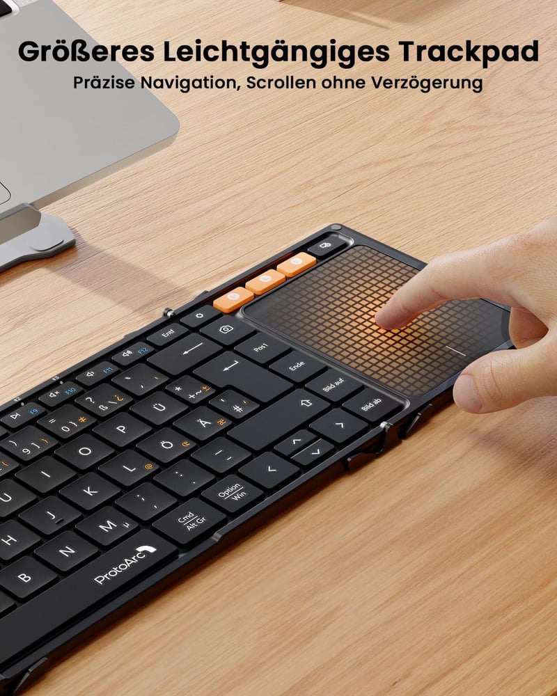ProtoArc XK01 TP Összehajtható Bluetooth Billentyűzet Érintőpaddal - QWERTZ Német Kiosztás, iPad/iOS/Android/Windows Kompatibilis, Fekete