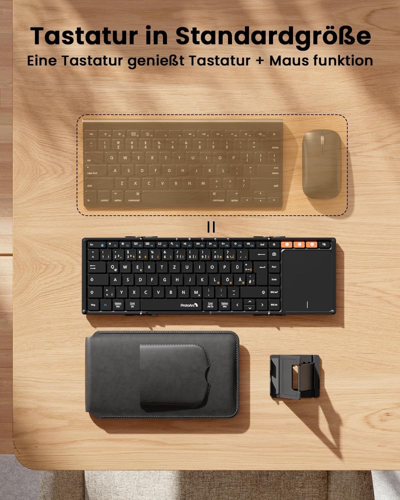 ProtoArc XK01 TP Összehajtható Bluetooth Billentyűzet Érintőpaddal - QWERTZ Német Kiosztás, iPad/iOS/Android/Windows Kompatibilis, Fekete