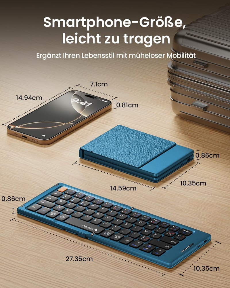 ProtoArc XK04 Összecsukható Bluetooth Billentyűzet QWERTZ Kék, Tablet és Laptop Hordtáskával