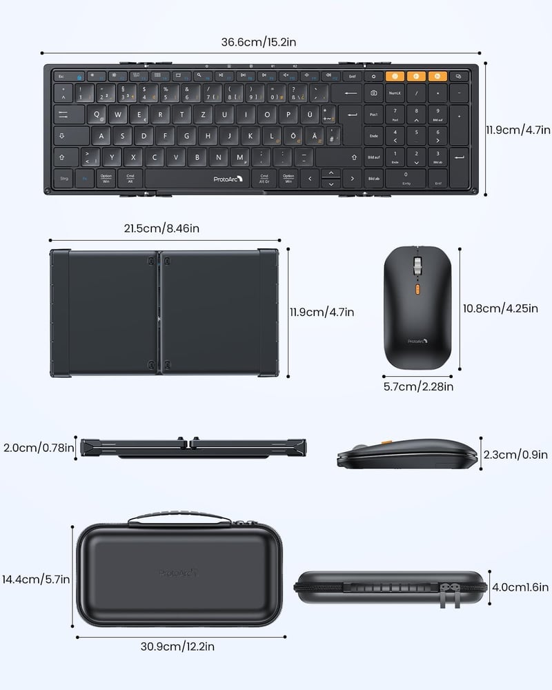 ProtoArc XKM01 Összecsukható Bluetooth Billentyűzet Egérrel, Numerikus Billentyűzettel, QWERTZ - black