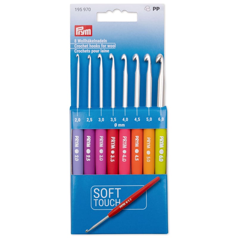 Set croșete Prym 195970 Soft Touch | 8 croșete din aluminiu cu mâner colorat (2-6 mm) | Mâner ergonomic | Cod de dimensiune | Multicolor