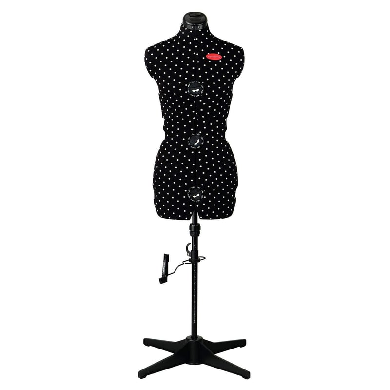 Krajčírska figurína Prym Prymadonna Polka Dots, čierno-biela s bodkami, veľkosť M (42-48), nastaviteľná výška, so značkovačom dĺžky sukne a vankúšikom na špendlíky