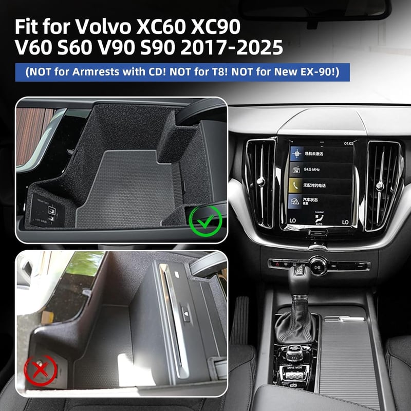 PSLER Autó Középkonzol Tárolódoboz Volvo XC60 XC90 V60 S60 V90 S90 2017-2025 Fekete