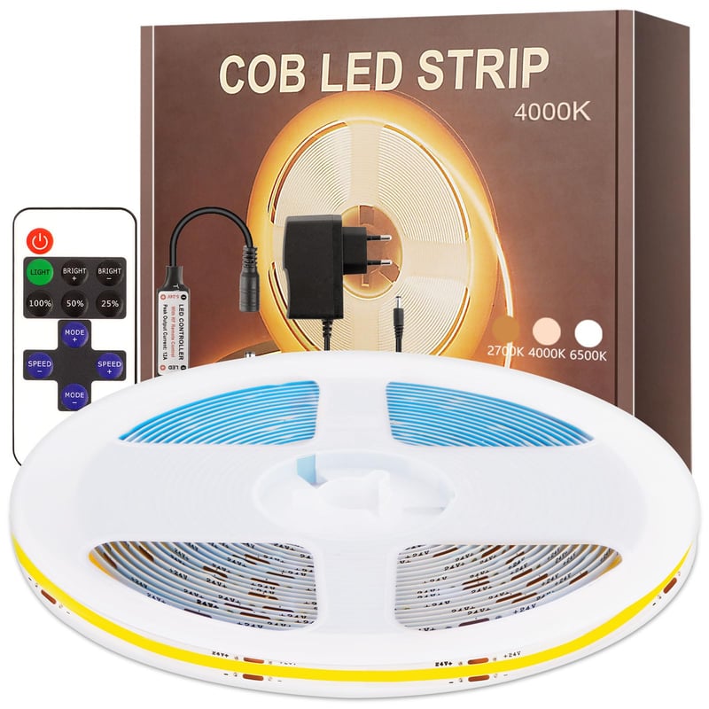 PSTAR COB LED pásik 6 m, neutrálna biela 4000K, s 24V napájacím zdrojom a RF diaľkovým ovládačom, šírka 8 mm, samolepiaci, do spálne, k TV, do kuchyne