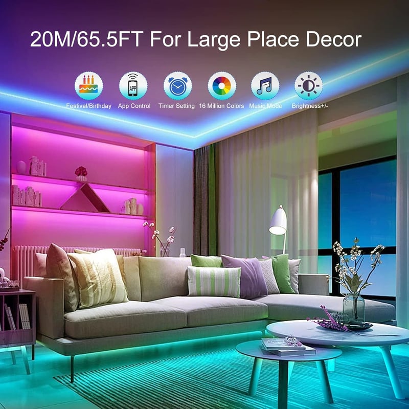 PSTAR LED szalag 20m RGB Bluetooth távirányítóval, app vezérléssel és zeneütemezéssel
