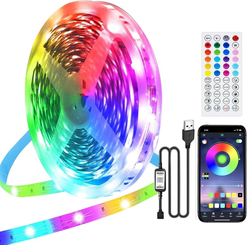 Bandă LED RGB PSTAR 10 m, cu conector USB, controlabilă prin aplicație, sincronizare cu muzica, cu telecomandă și temporizator, pentru acasă, sufragerie, bucătărie
