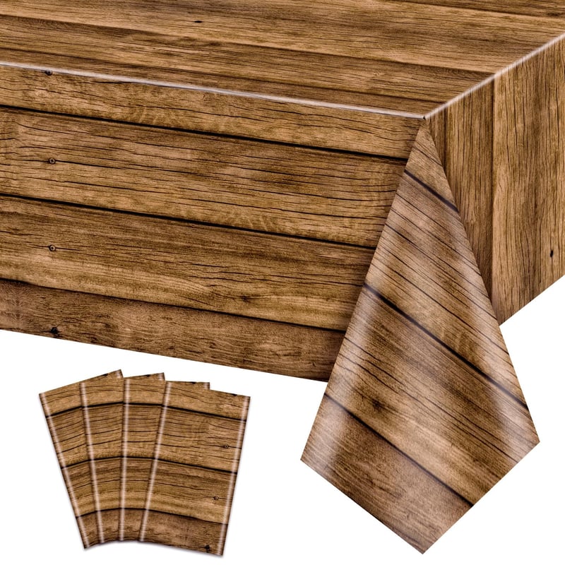 Set de 4 fețe de masă dreptunghiulare PTECDROTS cu model de lemn maro rustic, impermeabile și de unică folosință, pentru decorarea petrecerilor, 130 x 218 cm