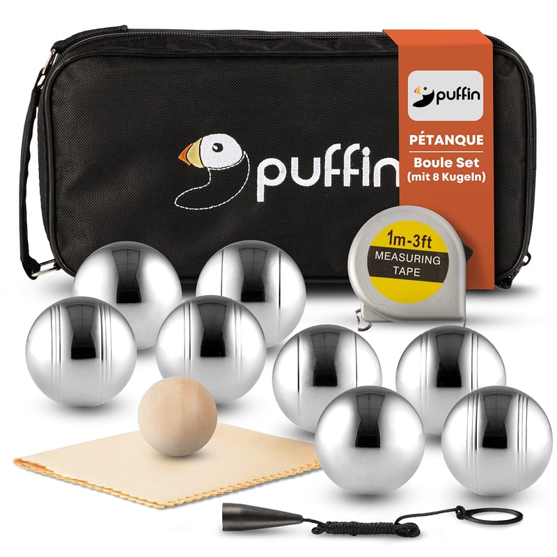 Sada na pétanque PUFFIN Sport – 8 kovových gúľ s príslušenstvom, vonkajšia rodinná hra pre deti aj dospelých, plážová hra