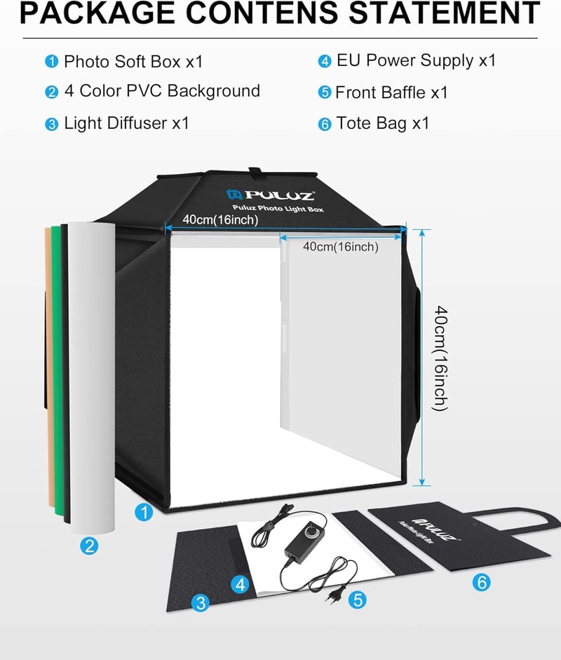 PULUZ 40x40cm Profi Fotóstúdió Softbox 480 LED Dimmer Fénnyel és 4 Háttérrel