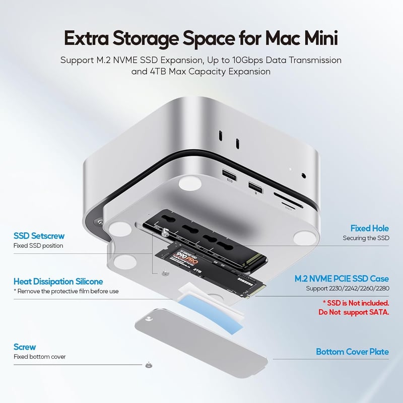 PULWTOP Mac Mini M4 Dock 4TB SSD Ház HDMI 4K USB-C Hub Állvány