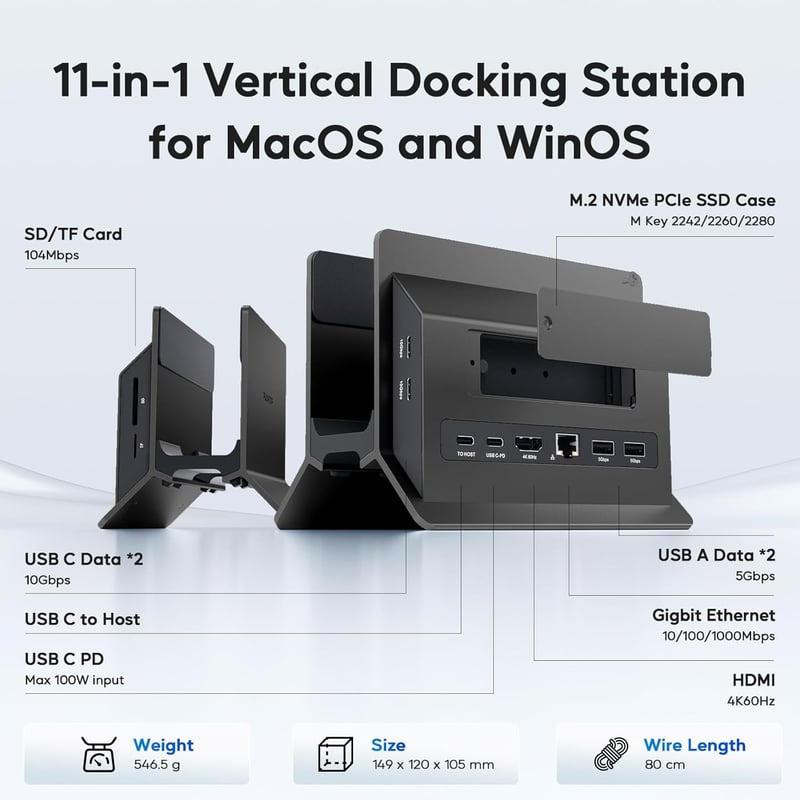 PULWTOP USB-C dokkoló állomás MacBook-hoz, 4K videó, M.2 SSD ház, fekete