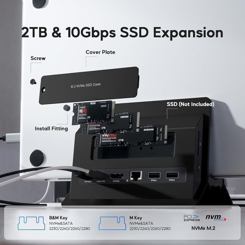 PULWTOP USB-C dokkoló állomás MacBook-hoz, 4K videó, M.2 SSD ház, fekete