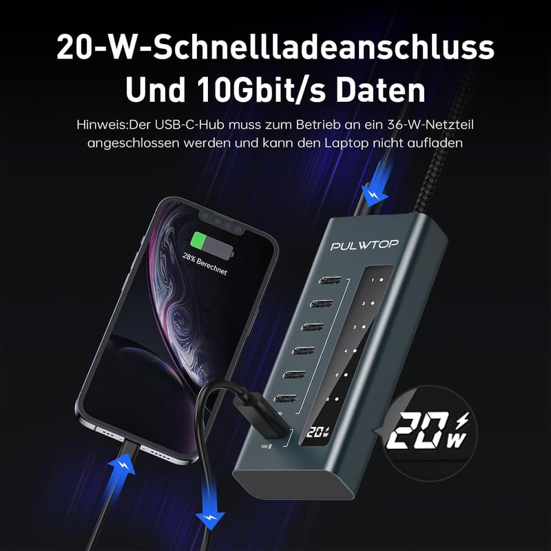 PULWTOP USB-C Hub 7 portos aktív elosztó 20W PD töltéssel és 10 Gbit/s adatátvitellel