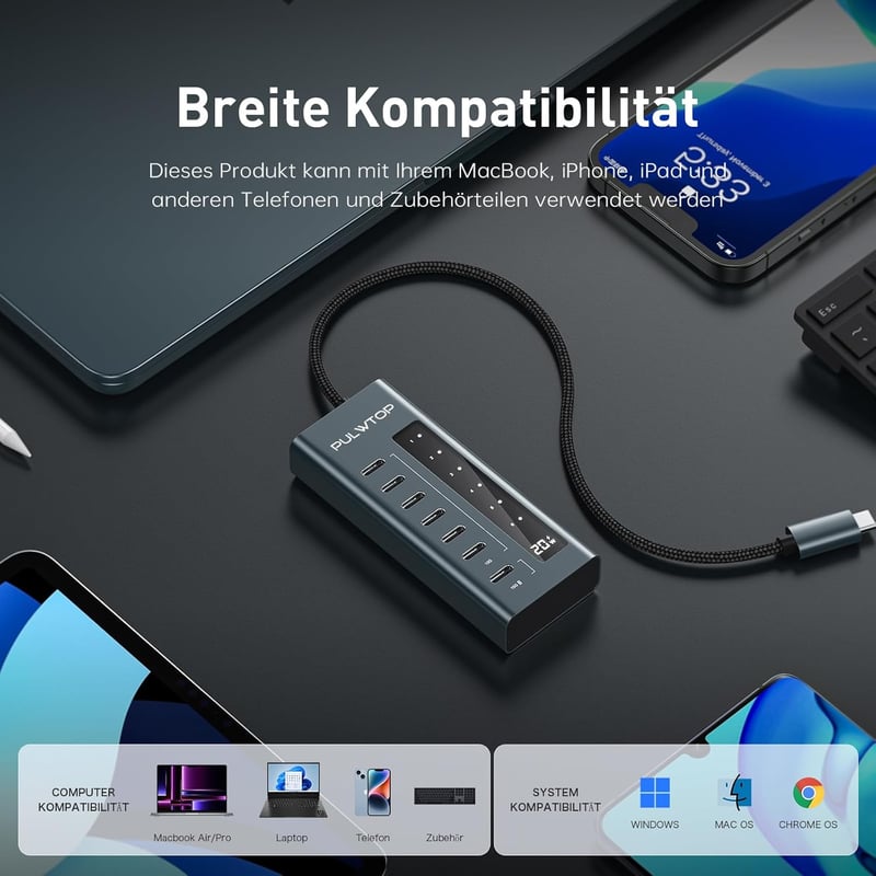 PULWTOP USB-C Hub 7 portos aktív elosztó 20W PD töltéssel és 10 Gbit/s adatátvitellel