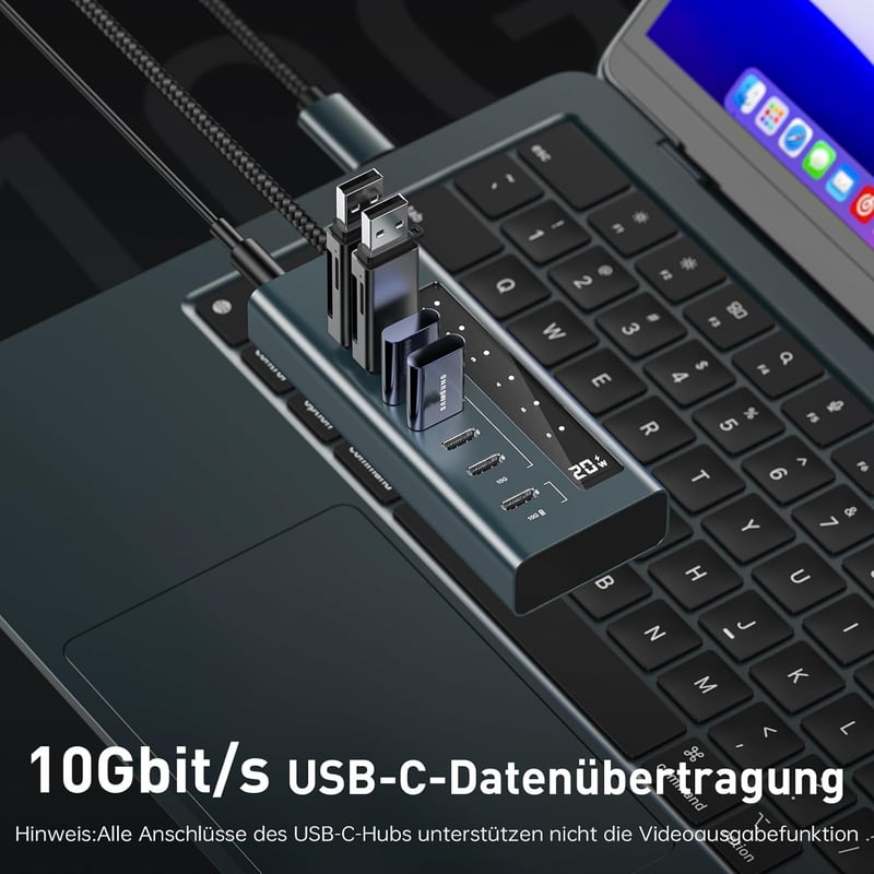 PULWTOP USB-C Hub 7 portos aktív elosztó 20W PD töltéssel és 10 Gbit/s adatátvitellel
