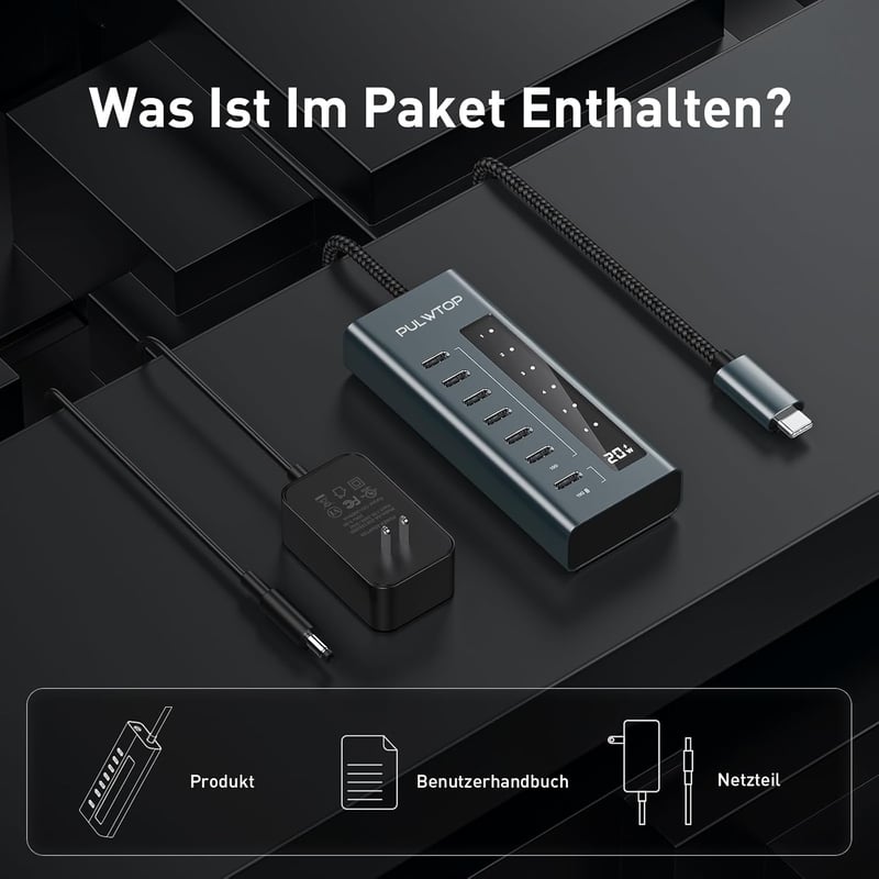 PULWTOP USB-C Hub 7 portos aktív elosztó 20W PD töltéssel és 10 Gbit/s adatátvitellel