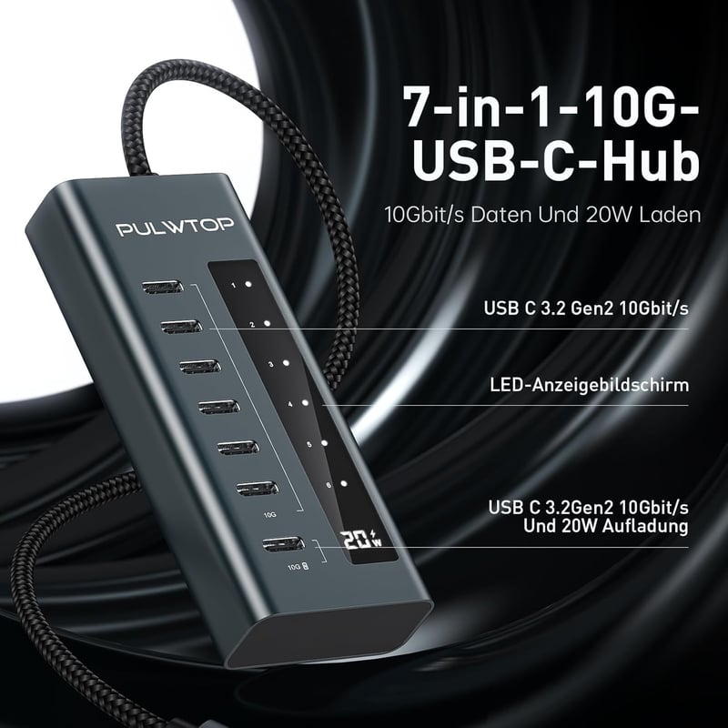 PULWTOP USB-C Hub 7 portos aktív elosztó 20W PD töltéssel és 10 Gbit/s adatátvitellel