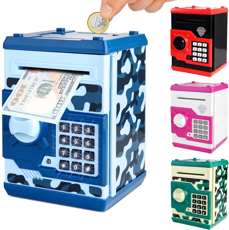 Pup Go elektronikus persely jelszavas pénzgyűjtő gyerekeknek 3+ Camo Blue valós hanghatások nagy kapacitás fiúknak lányoknak