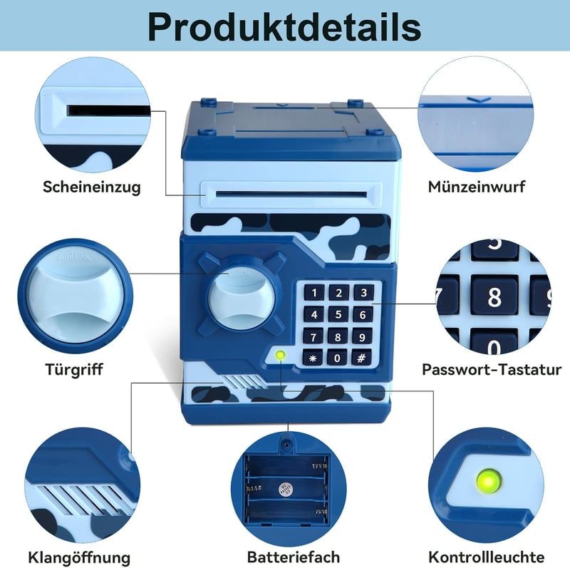 Pup Go elektronikus persely jelszavas pénzgyűjtő gyerekeknek 3+ Camo Blue valós hanghatások nagy kapacitás fiúknak lányoknak