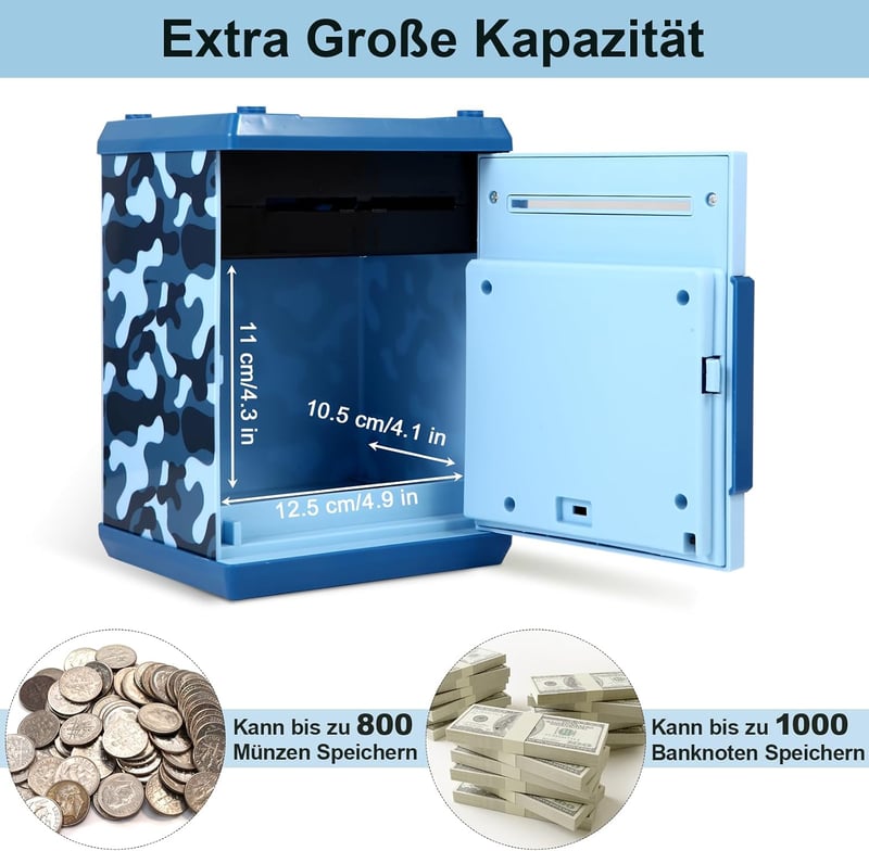 Pup Go elektronikus persely jelszavas pénzgyűjtő gyerekeknek 3+ Camo Blue valós hanghatások nagy kapacitás fiúknak lányoknak