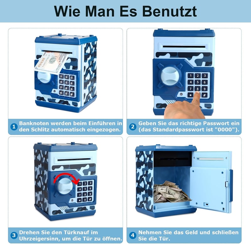 Pup Go elektronikus persely jelszavas pénzgyűjtő gyerekeknek 3+ Camo Blue valós hanghatások nagy kapacitás fiúknak lányoknak
