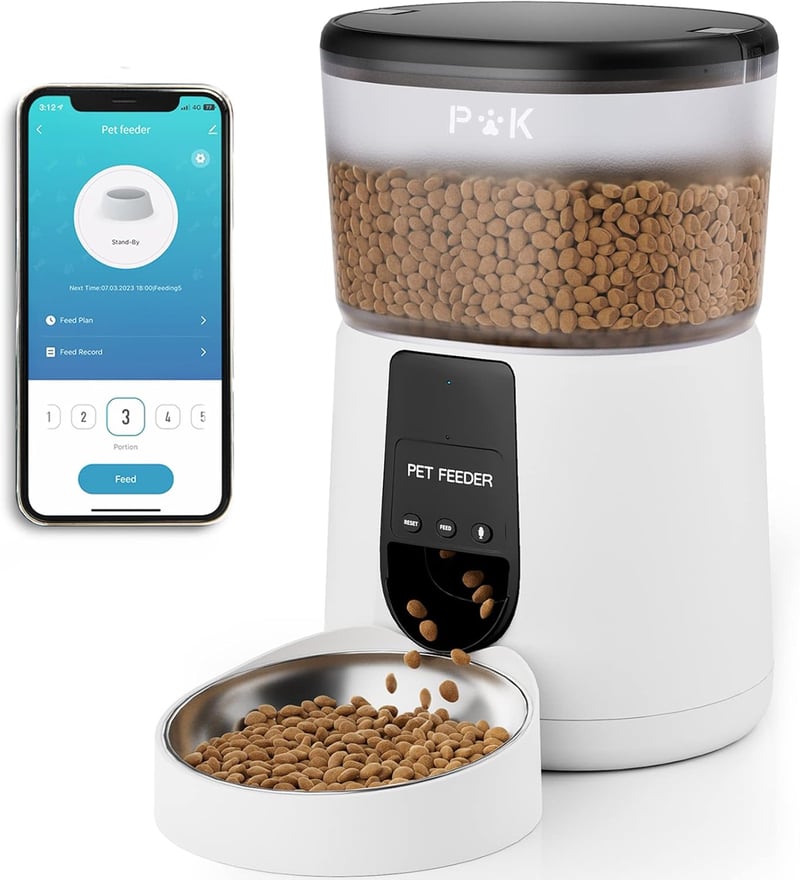 PUPPY KITTY Automata Kisállat Etető 4L WiFi Applikációval - Hangfelvételes Adagoló Macskáknak és Kutyáknak, Napi 1-10 Etetés, Fehér