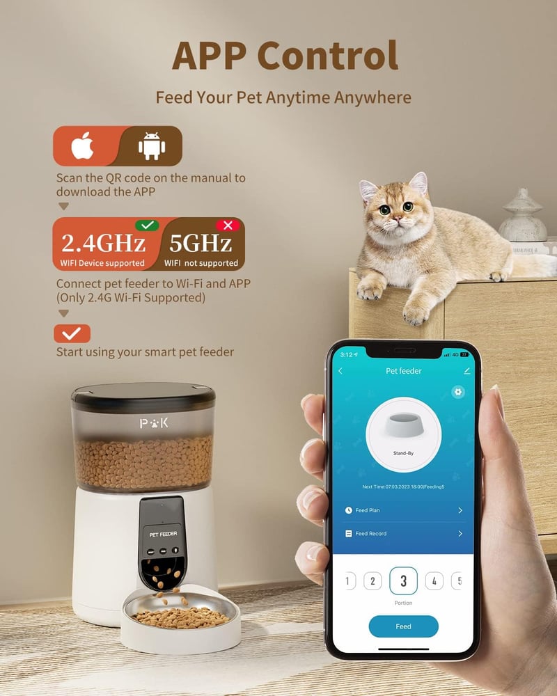 PUPPY KITTY Automata Kisállat Etető 4L WiFi Applikációval - Hangfelvételes Adagoló Macskáknak és Kutyáknak, Napi 1-10 Etetés, Fehér