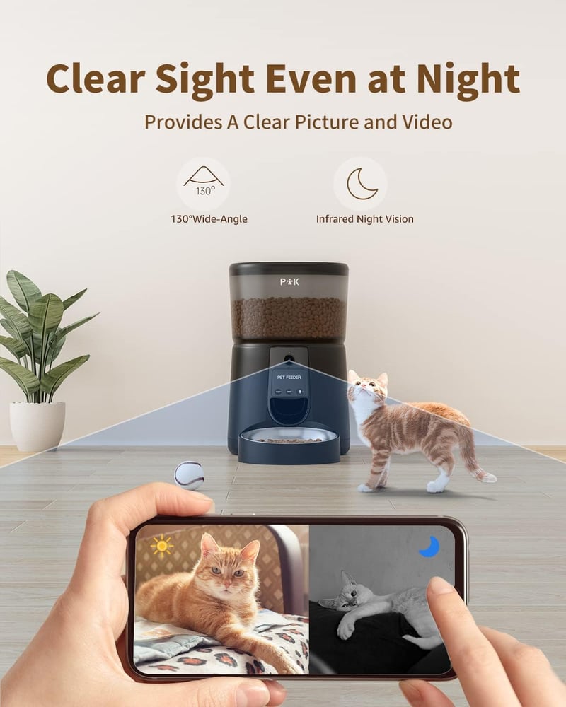 PUPPY KITTY Automata Macska Etető 1080P Kamerával - WiFi Applikációs Vezérlés, Éjjellátó, Rozsdamentes Tál, Napi 1-8 Etetés, 4L Kapacitás - black