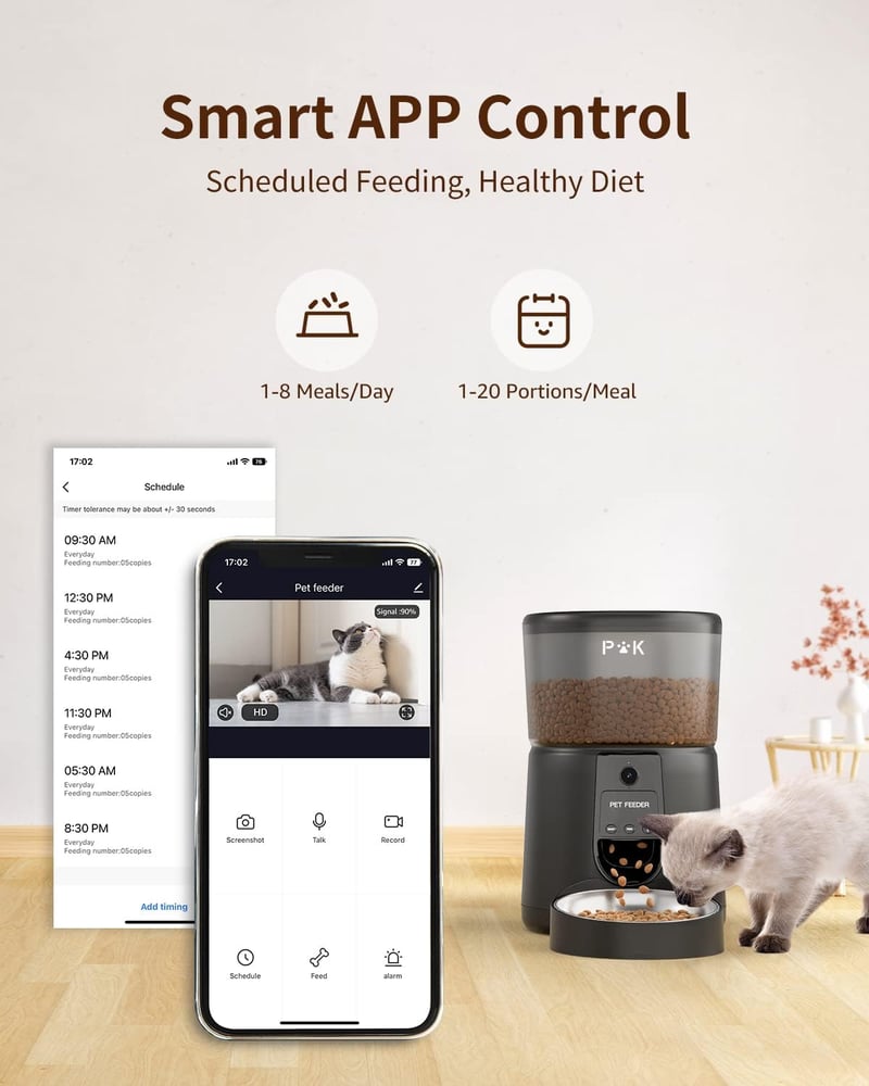 PUPPY KITTY Automata Macska Etető 1080P Kamerával - WiFi Applikációs Vezérlés, Éjjellátó, Rozsdamentes Tál, Napi 1-8 Etetés, 4L Kapacitás - black