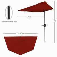 Pure Garden polkruhový terasový slnečník 2,7 m – Ľahko otvárateľný polkruhový tieniaci prvok k stene, na verandu alebo balkón – Červený, 270 cm 2