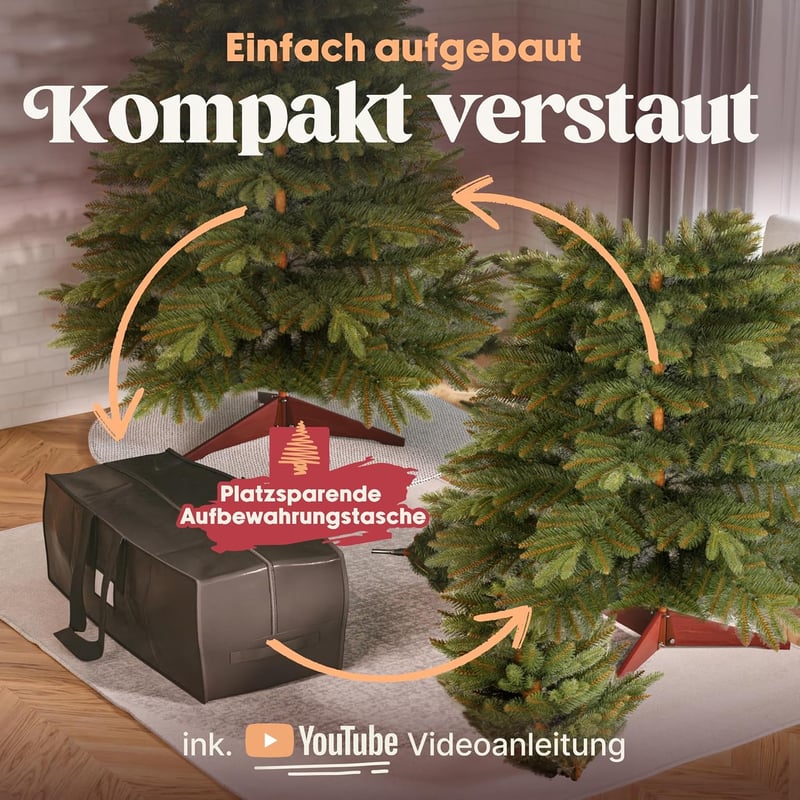 Pure Living 180 cm Műfenyő - Élethű Nordmann Fenyő Sűrű Ágakkal, Fa Állvánnyal és Tárolózsákkal - Lángálló, EU Gyártású Prémium Karácsonyfa