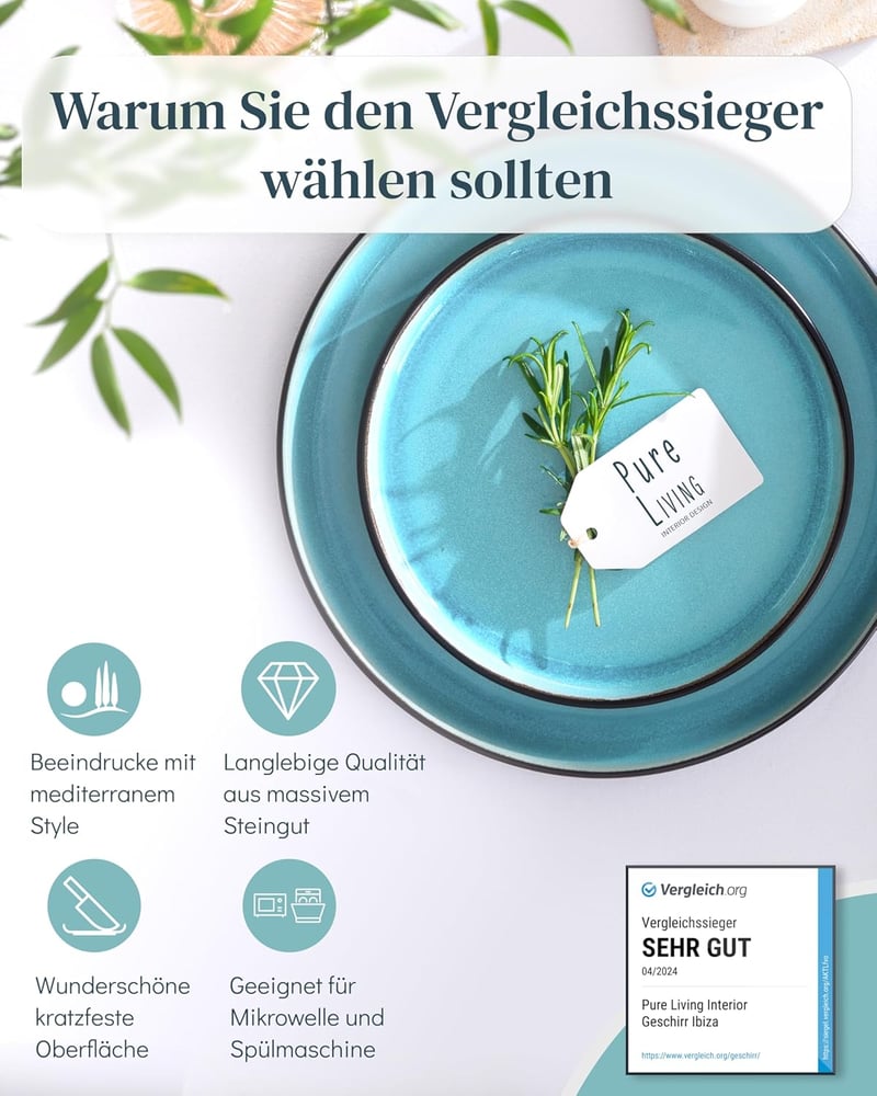 Pure Living Ibiza 24 részes kerámia étkészlet 6 személyre - Mediterrán stílusú, mosogatógépben és mikróban használható türkiz tányér és tálk
