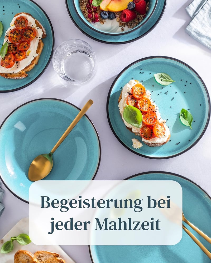 Pure Living Ibiza 24 részes kerámia étkészlet 6 személyre - Mediterrán stílusú, mosogatógépben és mikróban használható türkiz tányér és tálk