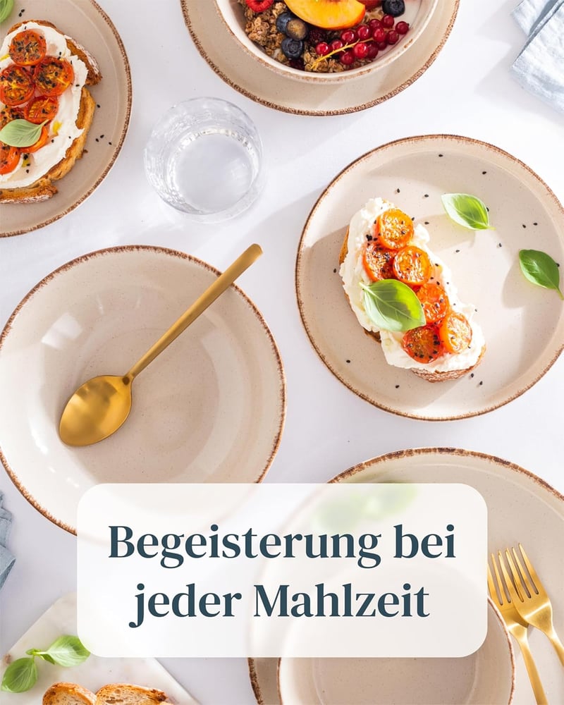 Pure Living Ibiza Kőedény Étkészlet 6 Személyre - 24 Részes Rusztikus Tányér és Tálkészlet Bézs Színben, Mosogatógépben Mosható